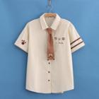 Short-sleeve Bear Embroidered Shirt With Tie