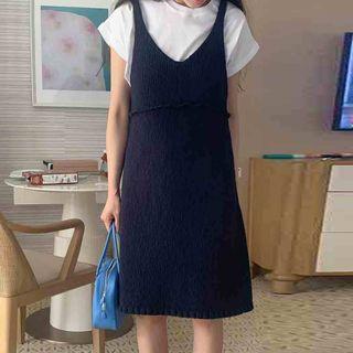 Sleeveless V-neck Plain Dress Navy Blue - One Size