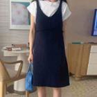 Sleeveless V-neck Plain Dress Navy Blue - One Size