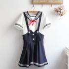 Set: Striped Sailor Collar Short Sleeve Top + Pinafore Dress