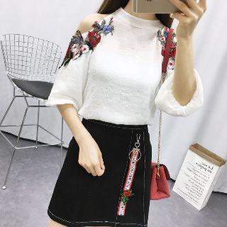 Set: Embroidered Cutout Top + Denim Skirt