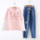 Strawberry Embroidered Hoodie / Straight-cut Jeans / Set