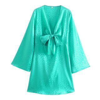 Long-sleeve V-neck Patterned Mini Dress