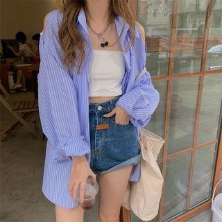 Long-sleeve Cold Shoulder Striped Loose-fit Shirt As Figure - One Size