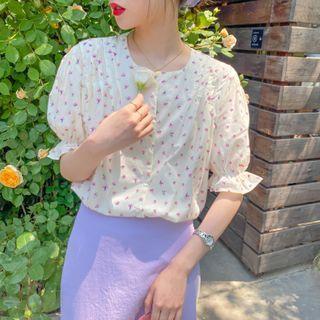 Square-neck Floral Linen Blouse Purple - One Size
