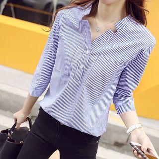 Striped Half-placket 3/4-sleeve Blouse