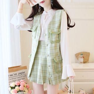 Set: Long-sleeve Frill Trim Blouse + Plaid Buttoned Vest + A-line Mini Pleated Skirt