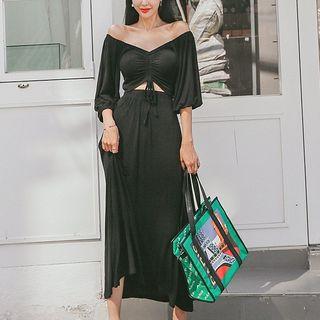 Elbow-sleeve Drawstring A-line Midi Dress