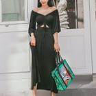 Elbow-sleeve Drawstring A-line Midi Dress