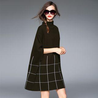 Batwing Stand-collar Plaid Panel Knit Dress