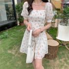 Square-neck Floral Print Puff Sleeve Dress