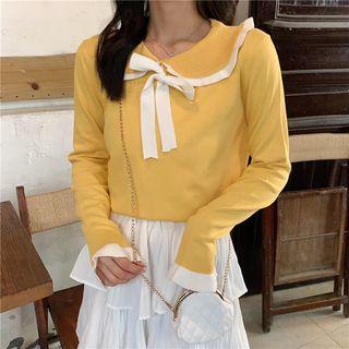 Long-sleeve Contrast Trim Bow-accent Knit Top