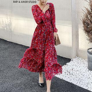 V-neck Chiffon Ruffle Trim Dress