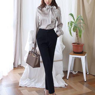 Set: Long-sleeve Tie-neck Top + Straight Leg Dress Pants