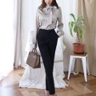 Set: Long-sleeve Tie-neck Top + Straight Leg Dress Pants