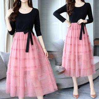 Long-sleeve Sashed Mesh A-line Dress