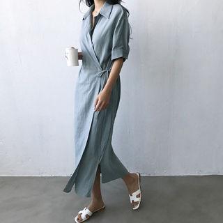 Linen Blend Collared Maxi Surplice-wrap Dress