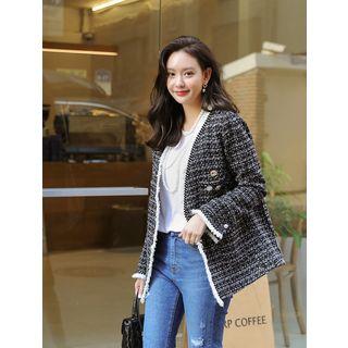 Collarless Faux-pearl Tweed Jacket