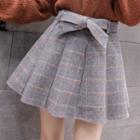 Bow Accent Plaid Pleated Tweed Skirt