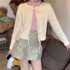 Long-sleeve Top / Perforated Cardigan / Printed Mini A-line Skirt