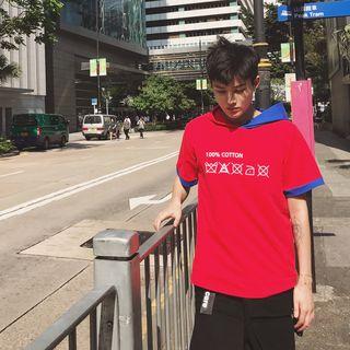 Printed Color Panel Short Sleeve Hoodie