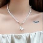 Butterfly Pendant Faux Pearl Necklace White - One Size