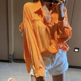Long-sleeve Drawstring Plain Shirt
