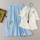 Flower Embroidered Short-sleeve T-shirt / Midi A-line Skirt