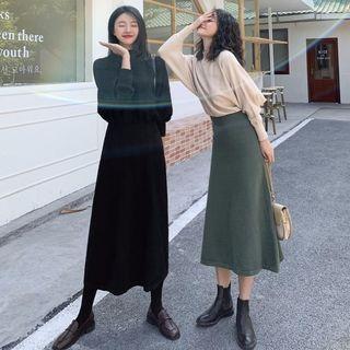 Semi High-neck Knit Long-sleeve Dress