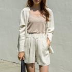Set: Open-front Dual-pocket Cardigan + Pleated Shorts