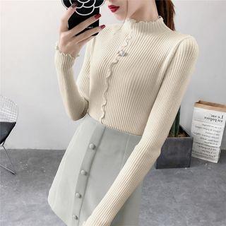 Mock-turtleneck Ruffled Ribbed Knit Top