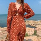 Long-sleeve Cutout Dotted High-low A-line Dress