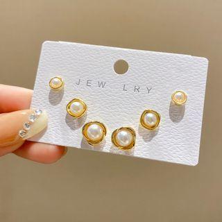 Set Of 3 Pairs: Faux Pearl Stud Earring E4688 - 3 Pairs - 925 Silver - Gold - One Size