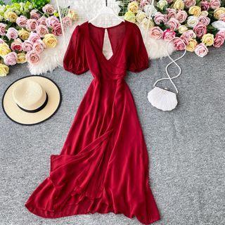 V-neck Open-back Slim Cut Maxi Dress