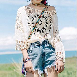 Elbow-sleeve Pointelle Top Almond - One Size