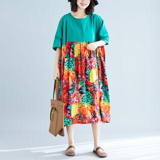 Elbow-sleeve Patterned Midi Dress As Shown In Figure - One Size
