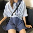 Set: Short-sleeve Crop Polo Shirt + Wide Leg Shorts Blue - One Size