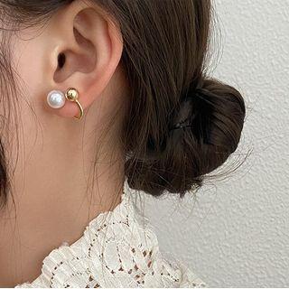 Faux Pearl & Ball Earring 1 Pair - White & Gold - One Size