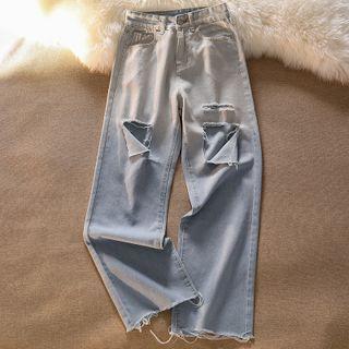 High-waist Gradient Distressed Frayed Jeans