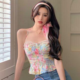Puff-sleeve Floral Crop Top / Halter Camisole Top