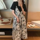 Set: Short-sleeve T-shirt + Floral Print Midi Overall Dress Set Of 2 - T-shirt & Overall Dress - Black & Flower - White - One Size