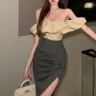 Off-shoulder Shirred Top / Slit Midi Pencil Skirt