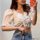 Drawstring V-neck Puff-sleeve Cropped Top White - One Size