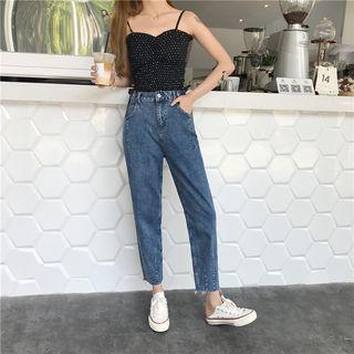 Fray-hem Cropped Straight Cut Jeans