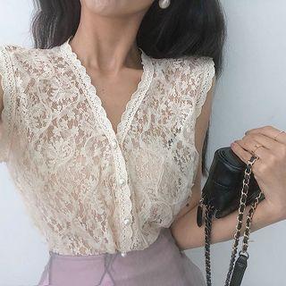 Plain Lace Single-breasted Tank Top / Plain Lace Mesh Skirt