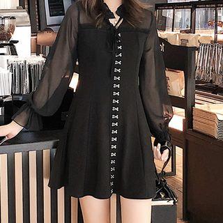 Long-sleeve Chiffon Mesh Panel Mini A-line Dress