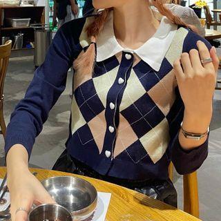 Argyle Collared Cardigan Blue - One Size
