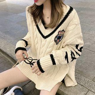 V-neck Long-sleeve Sweater Off-white - One Size