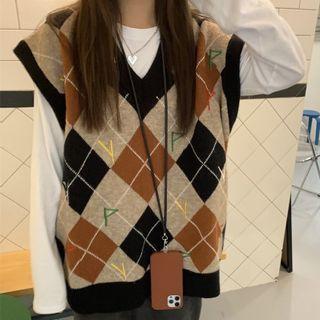 Argyle Sweater Vest Argyle - Khaki & Black - One Size