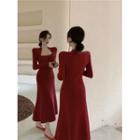Plain Knitted High-waist Midi Dress Red - One Size